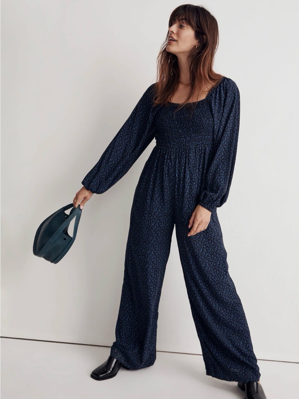 NWT Madewell Navy Floral Smocked Wide-Leg Jumpsuit Size 10